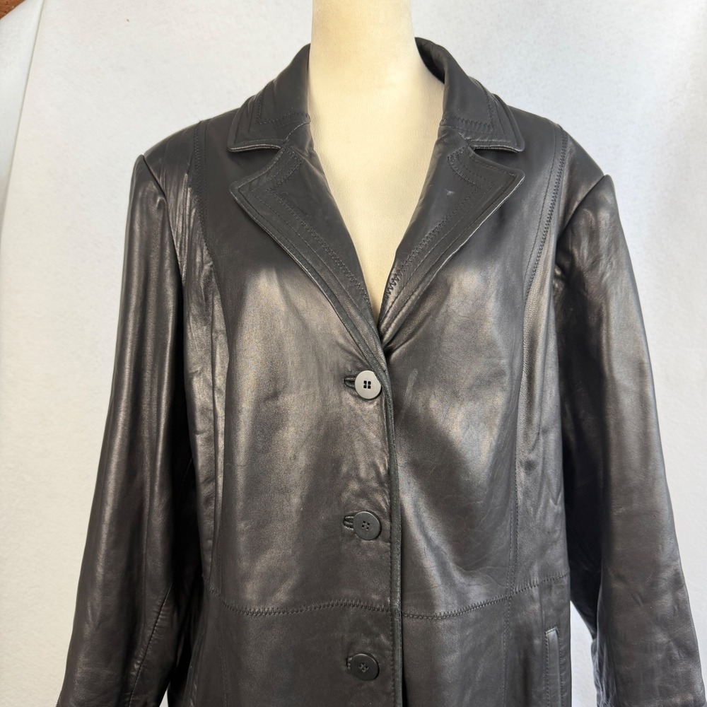 Avanti Black Genuine Leather Trench Coat Jacket Womens Plus 3X Mid Length - Picture 2 of 15